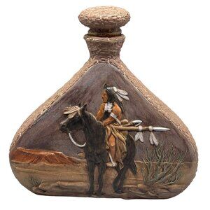 native decanter pottery art singed crackled brown worrier horse embossed READ